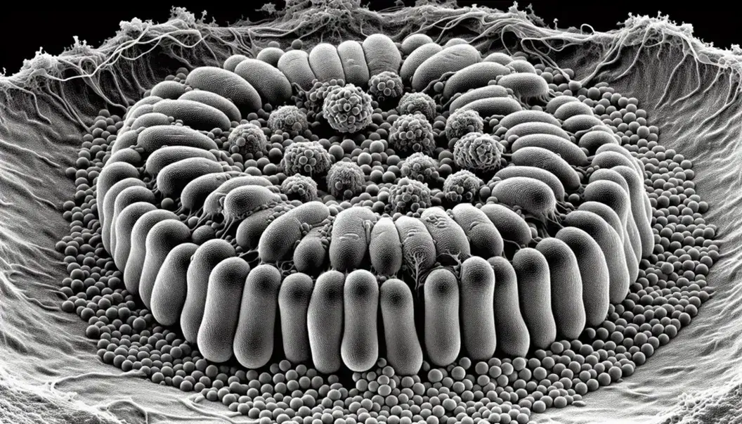 Micrografía electrónica de transmisión en blanco y negro mostrando la estructura interna de una célula eucariota con cisternas apiladas y vesículas circundantes.
