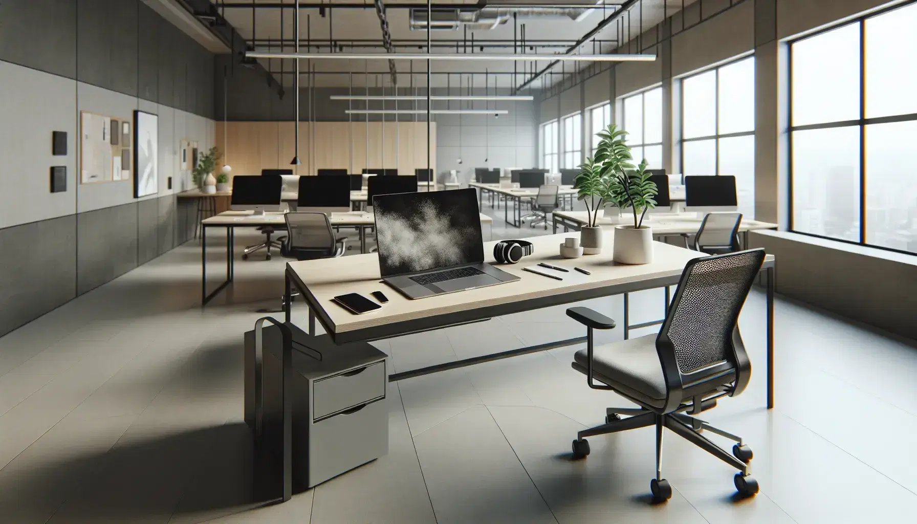 Oficina moderna y espaciosa con mesa de trabajo, portátil, teléfono y planta, silla ergonómica y estaciones de trabajo al fondo, iluminada por luz natural.