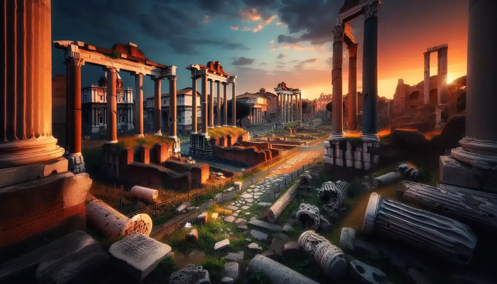 Foro Romano al tramonto con colonne antiche illuminate dalla luce dorata, erba verde tra le rovine e sfondo del Colosseo.