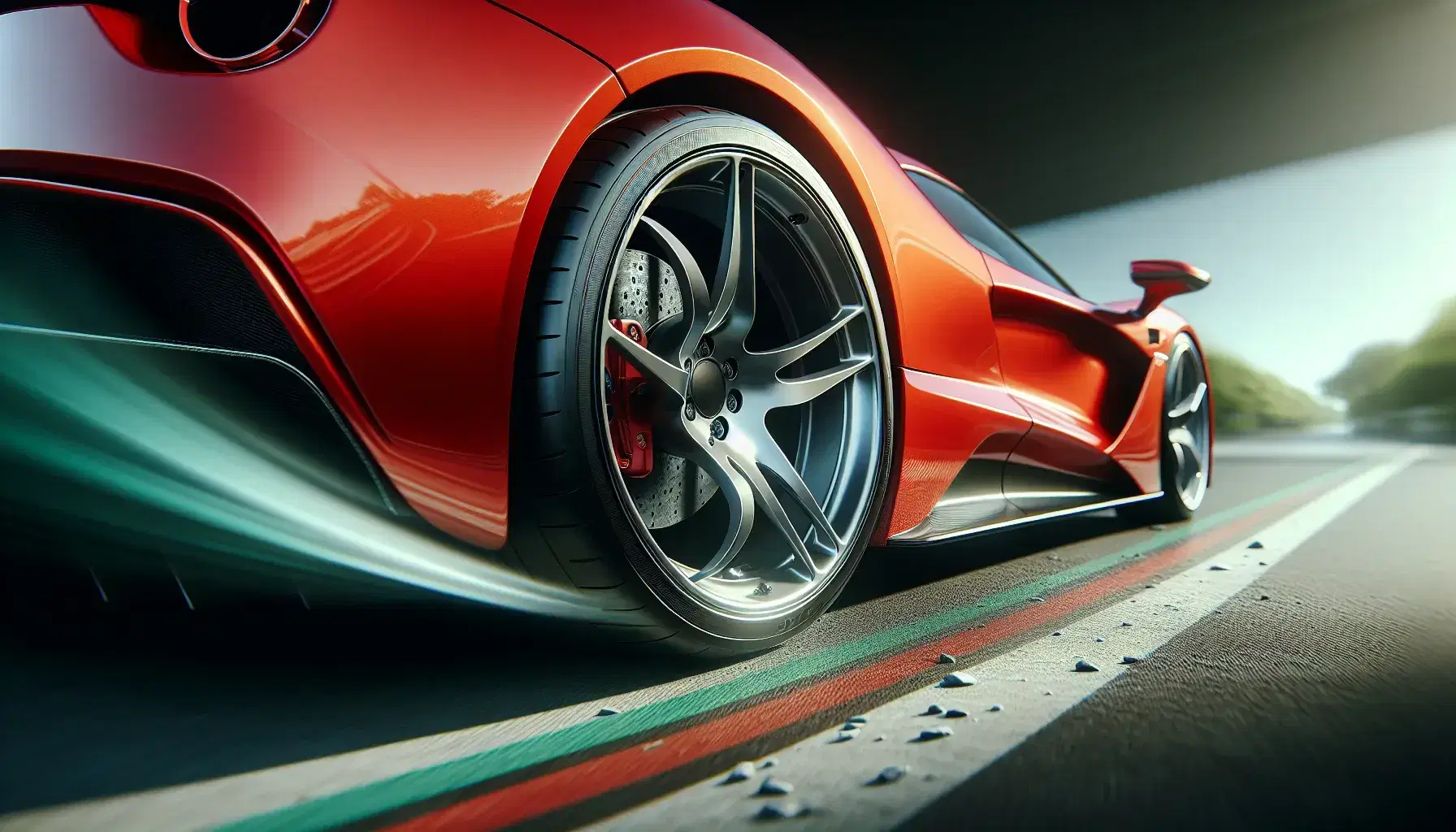 Bright red sports car's rear wheel with detailed tread on tire and sleek silver rim, reflecting light on polished body against a blurred motion background.