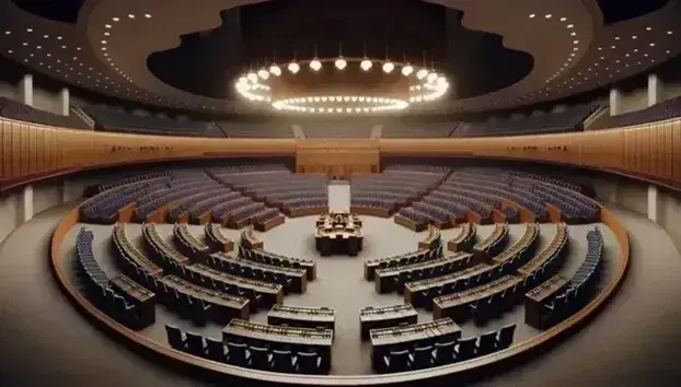 Sala vuota del parlamento con sedili blu scuro e legno chiaro disposti a semicerchio, podio centrale in legno e moquette rossa.
