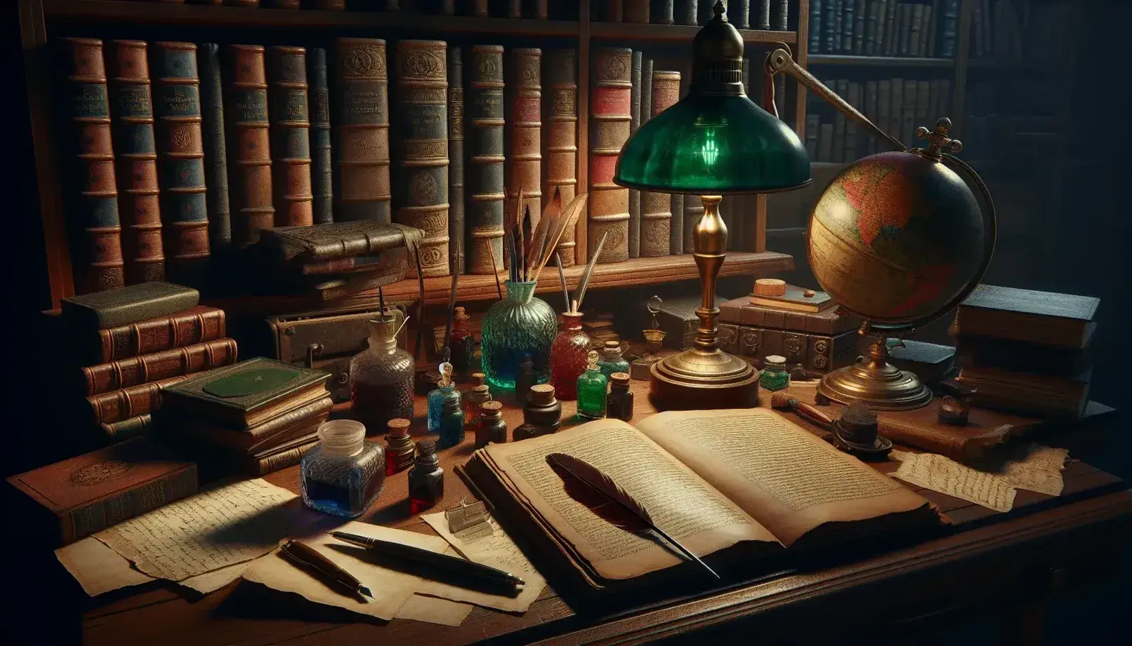 Antique wooden desk with open book, leather journal, colorful ink bottles, quill pen in silver inkwell, brass globe, and magnifying glass under a banker's lamp.