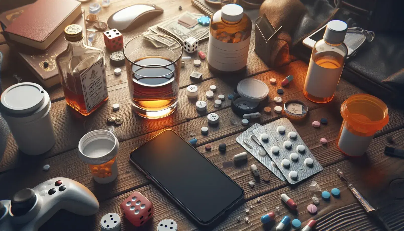 Messy wooden table with glass of brown liquid, open pill bottle, turned on smartphone, dice and deck of cards.