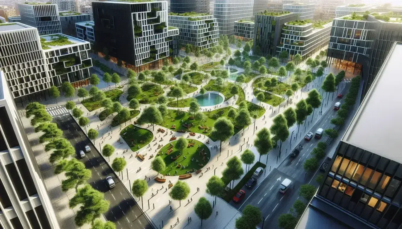 Bird's-eye view of a lush urban park in Spain with winding pathways, benches, a fountain, and surrounded by modern buildings.