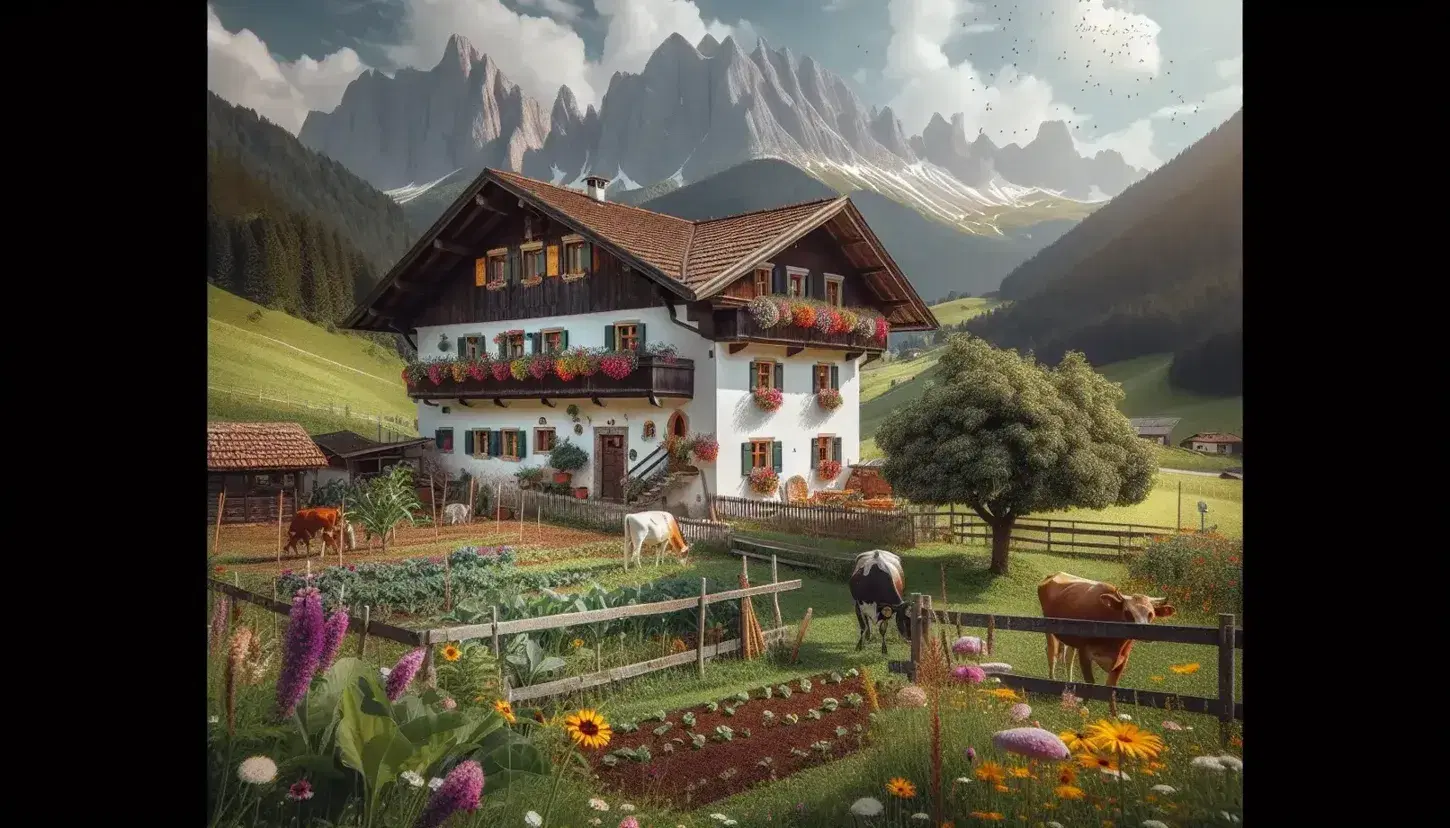 Casa tradizionale trentina con tetto rosso scuro e fiori alle finestre, prato verde e montagne innevate sullo sfondo, mucche al pascolo.