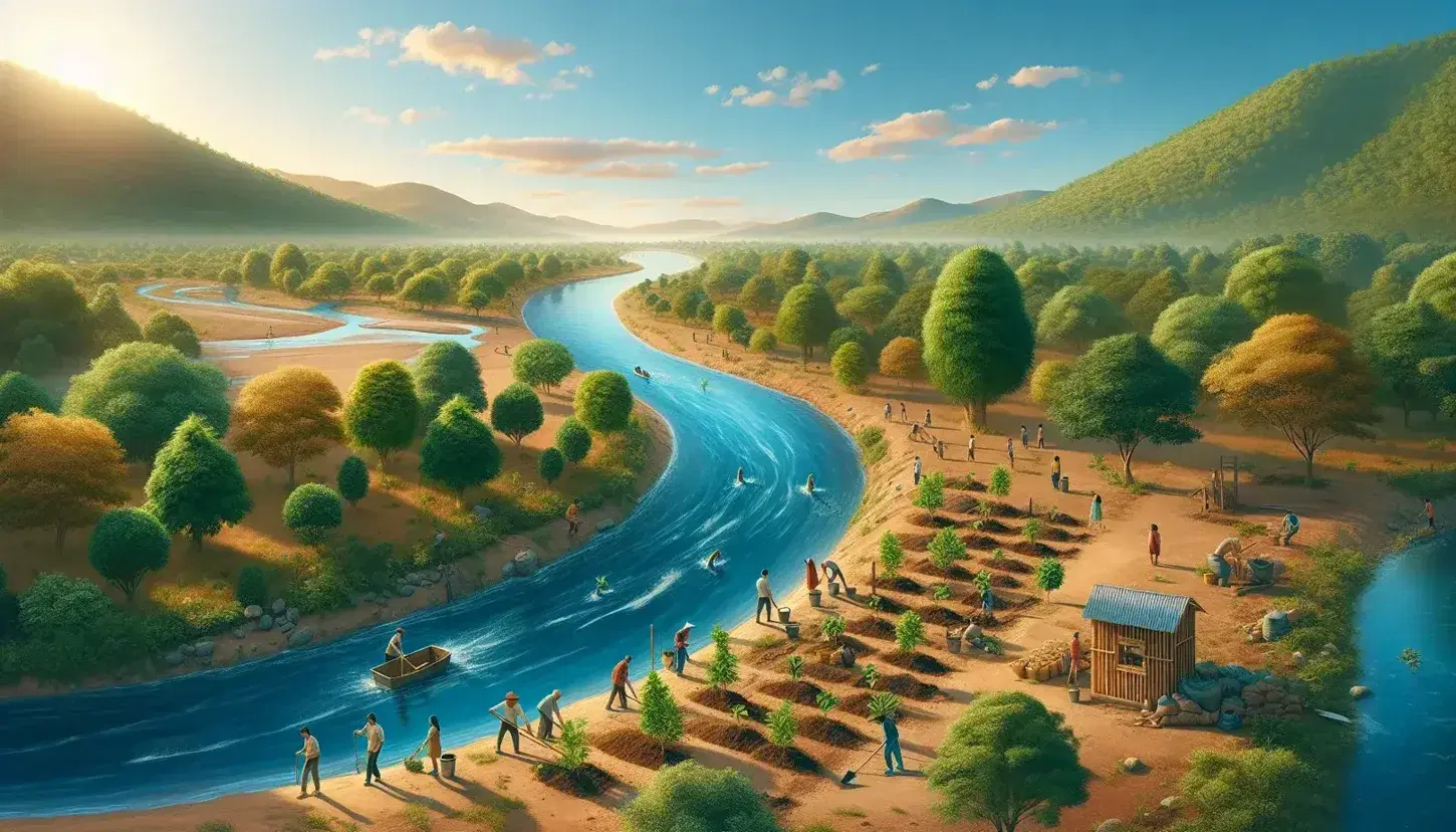 Paesaggio naturale con fiume serpeggiante, persone che piantano alberelli e struttura ecologica sulla riva, sotto cielo sereno.