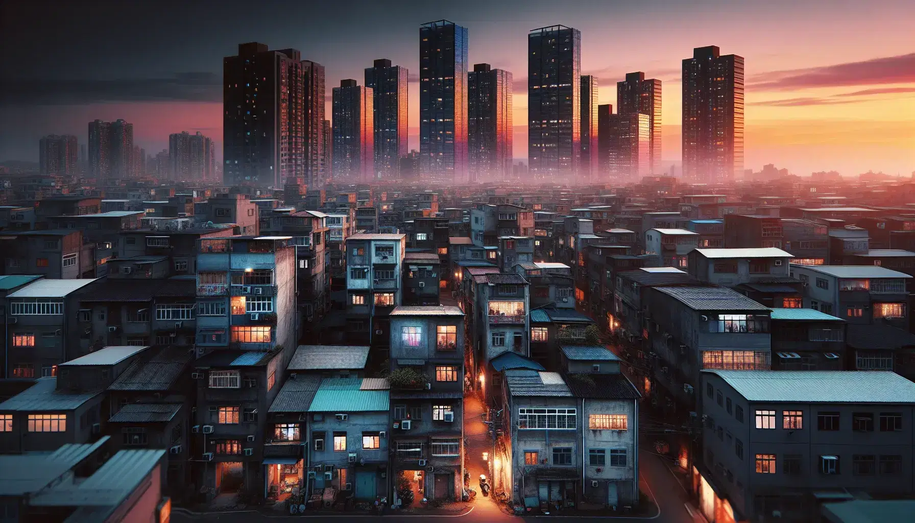 Dusk cityscape contrasting aged, colorful residential buildings in the foreground with sleek modern skyscrapers in the background under a sunset sky.