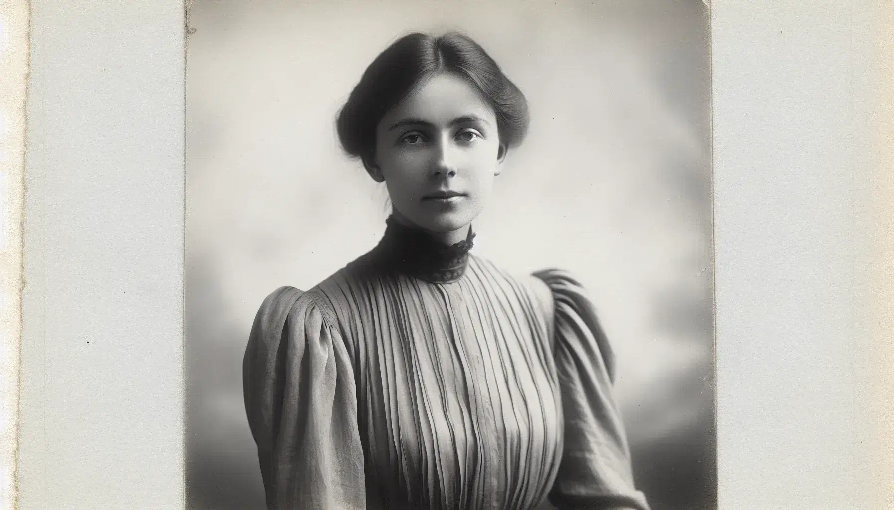 Early 20th-century photograph of a solemn woman with hair in a bun, wearing a high-neck blouse, gazing away from the camera against a plain backdrop.