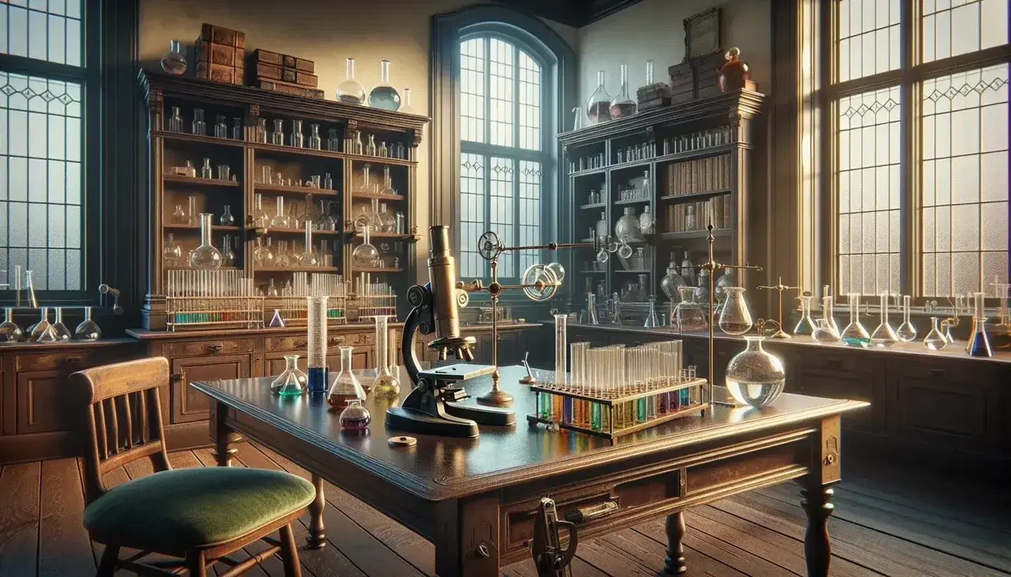 Laboratorio scientifico d'epoca con tavolo in legno, strumenti di vetro, microscopio antico, bilancia analitica e libri su scaffali.