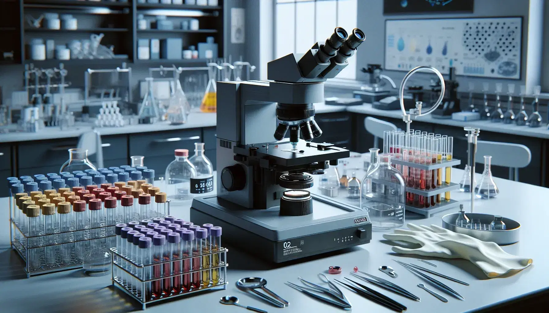 Microscopio elettronico con dettagli neri su tavolo da laboratorio, provette colorate in supporto blu, strumenti in vassoio acciaio e guanto lattice.