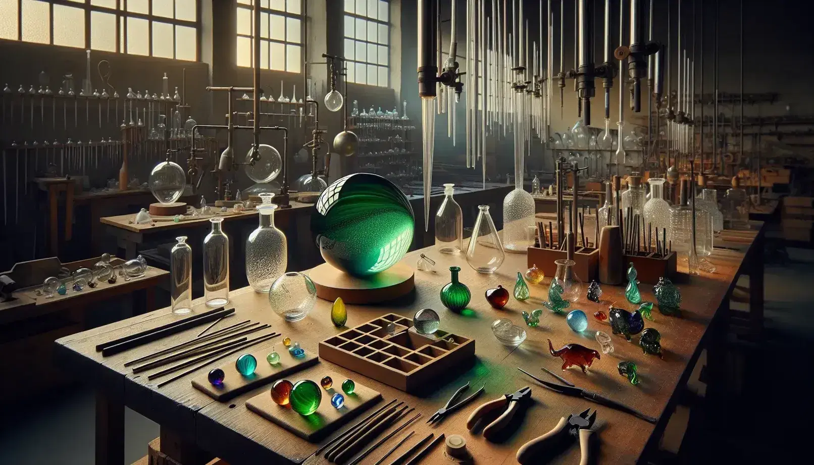 Banco da lavoro di artigiano del vetro con sfera trasparente, bottiglia verde e figurine colorate, attrezzi appesi e luce naturale.