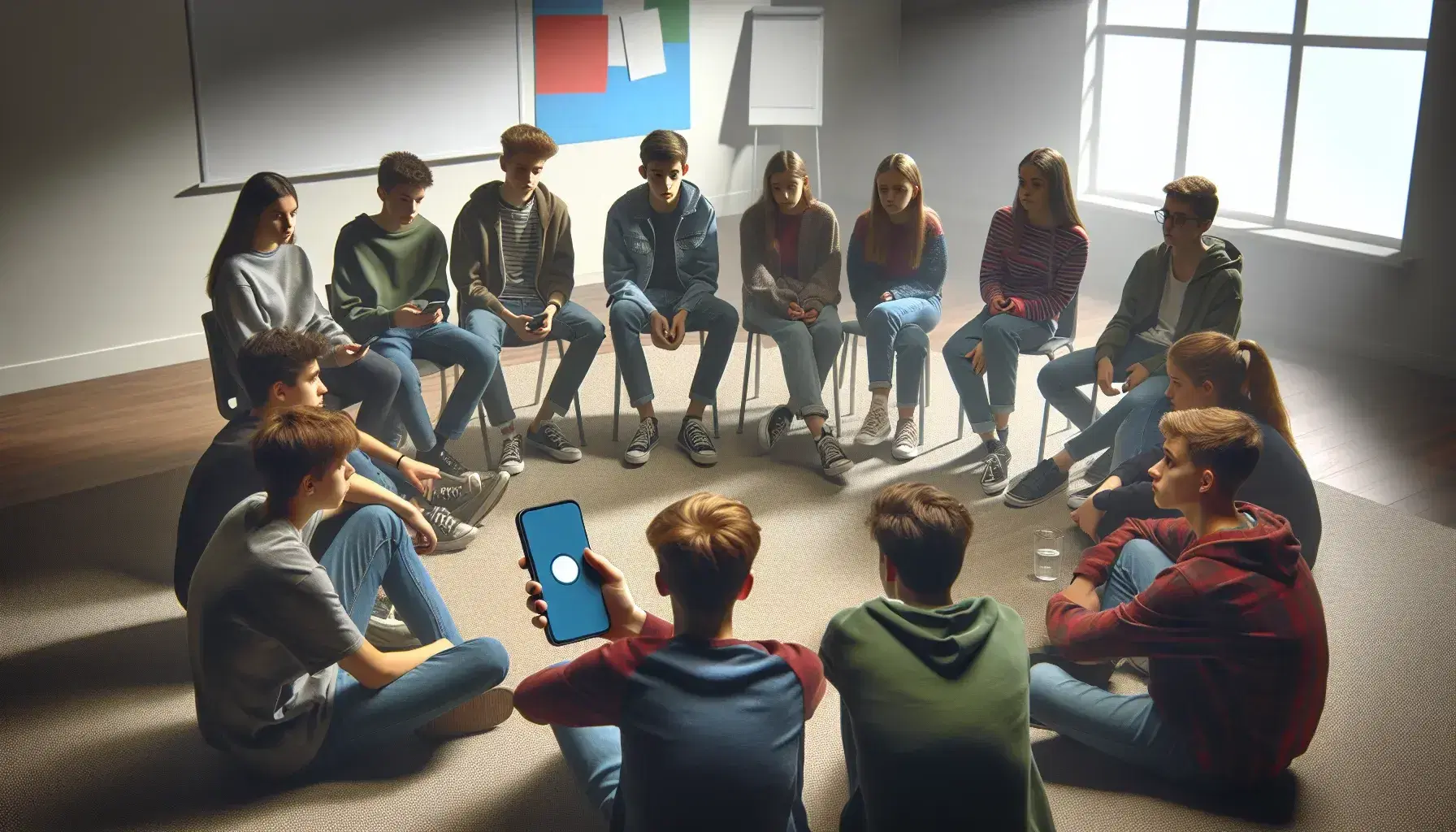 Grupo de adolescentes sentados en semicírculo mirando con interés un smartphone que sostiene uno de ellos, en una sala iluminada con luz natural y decoración minimalista.