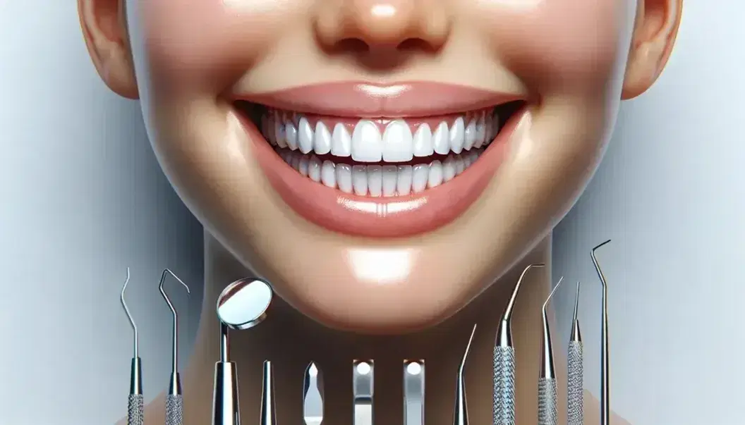 Sonrisa radiante con dientes blancos y alineados, encías rosadas saludables y sin inflamación, rodeada de instrumentos dentales metálicos en fondo claro.