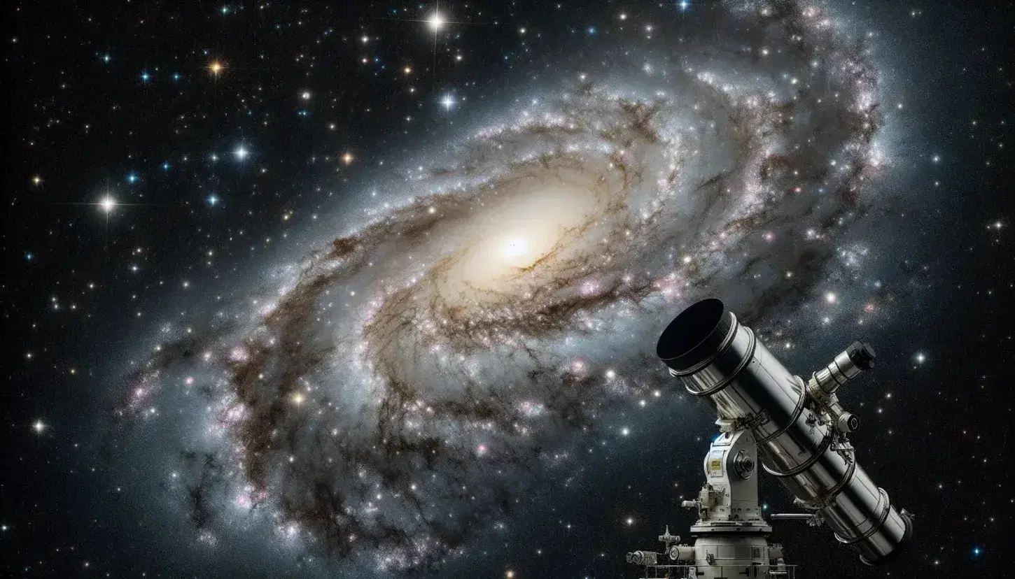 Cielo nocturno estrellado con galaxia espiral central de tonos blancos, rosas y púrpuras, rodeada de estrellas distantes y parte de telescopio astronómico en primer plano.
