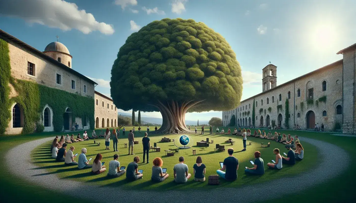 Gruppo di persone in cerchio su prato con albero maestoso al centro, struttura antica sullo sfondo e dispositivi tecnologici in primo piano.
