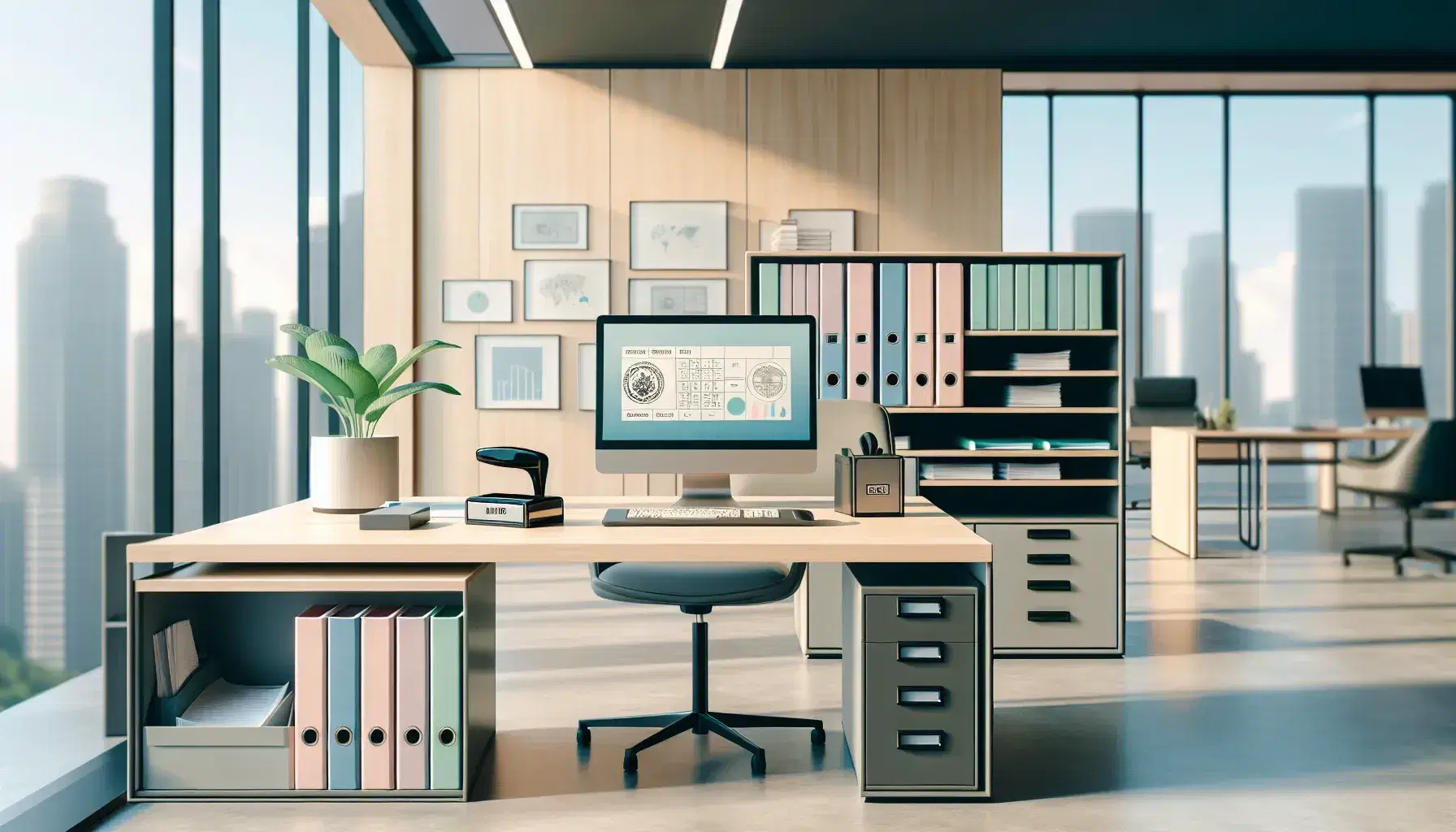 Ufficio moderno e luminoso con scrivania in legno chiaro, cartelle color pastello, laptop aperto, pianta verde, sedia ergonomica nera e armadietto grigio.