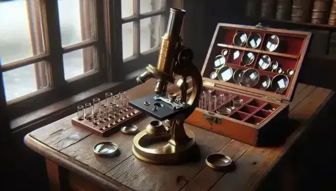 Mesa de madera antigua con microscopio de latón pulido y caja de lentes de aumento en terciopelo rojo bajo luz natural difusa.