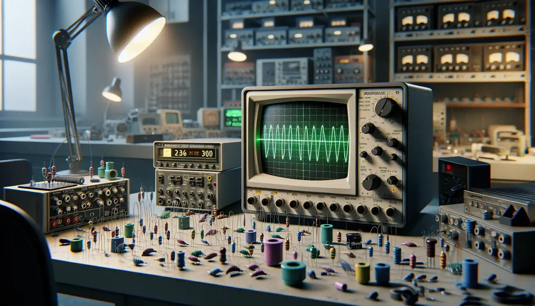 Laboratorio scientifico con oscilloscopio analogico che mostra una curva sinusoidale, componenti elettronici sparsi e strumenti di misura sullo sfondo.