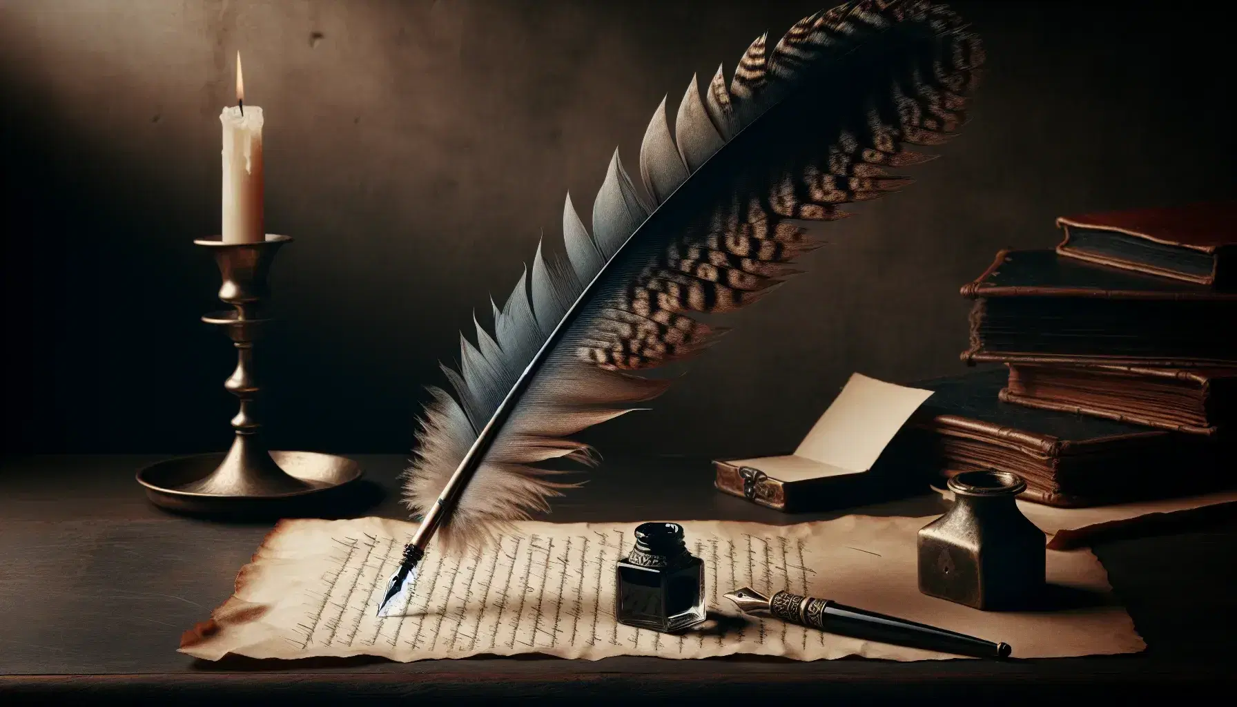 Quill pen on blank parchment with polished brass inkwell, sealed letter, and candlestick on a dark wooden desk in a dimly lit vintage room.