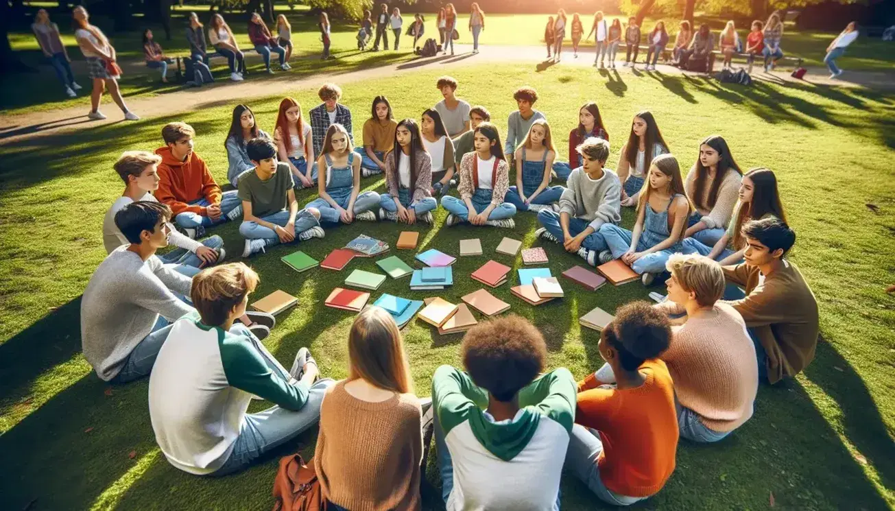 Grupo diverso de adolescentes sentados en círculo en un parque sobre césped verde, con libros de colores en el centro, bajo un cielo despejado.