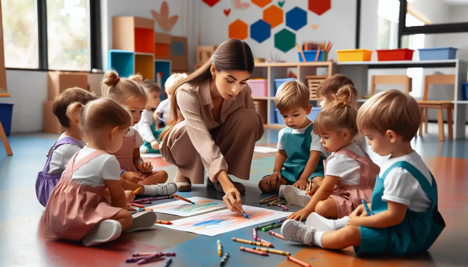 Niños pequeños concentrados en dibujar y pintar con crayones en clase, con maestra interactuando y aula colorida de fondo.