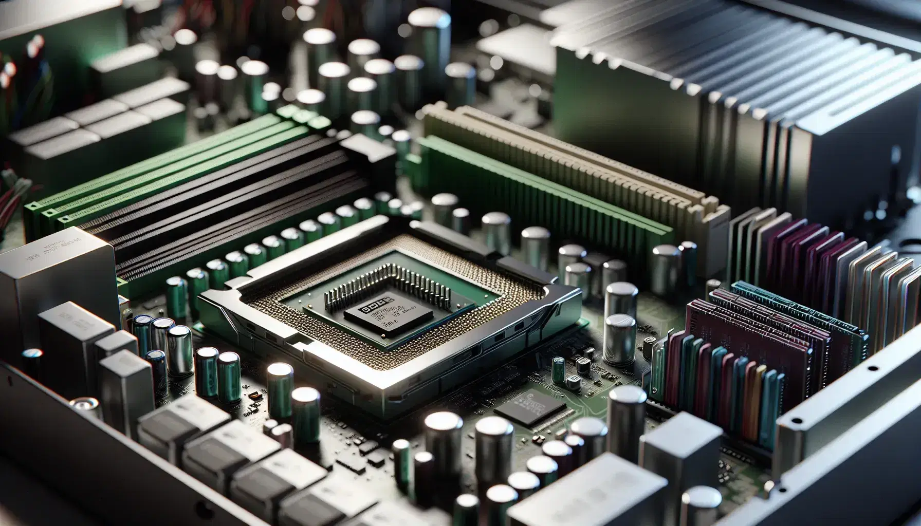 Close-up view of the internal hardware of a computer with motherboard, CPU with heatsink, RAM and components blurred in the background.