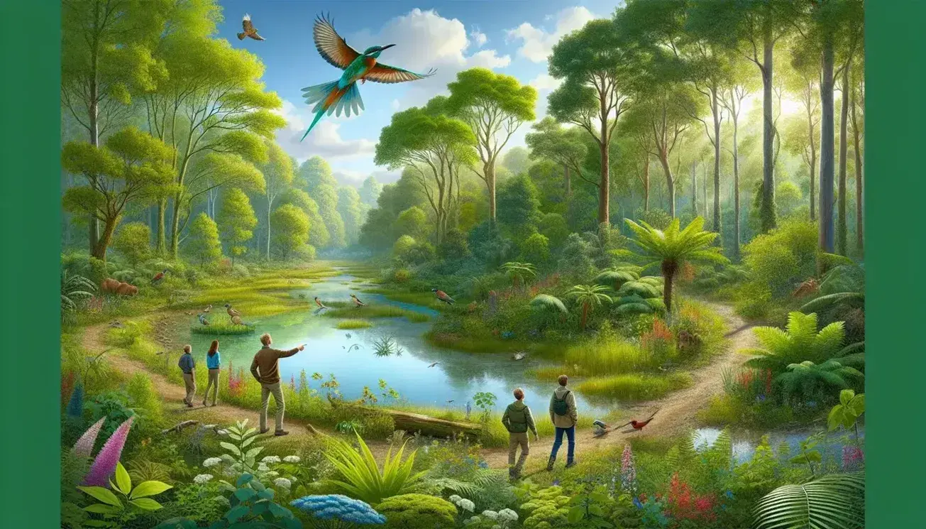 Lush green forest with diverse trees and a clear stream reflecting sunlight, with people walking on a path and a colorful bird perched nearby.