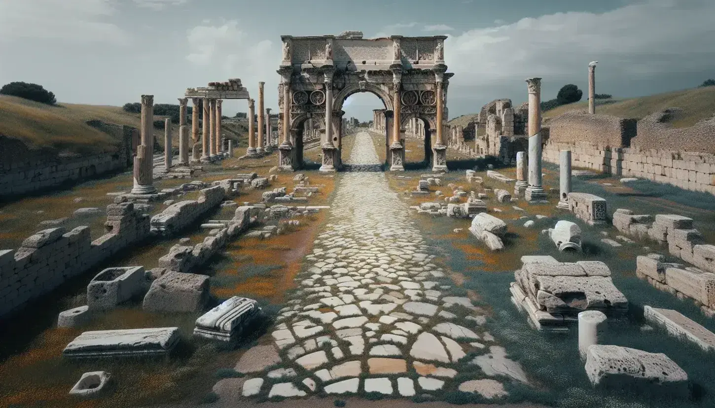 Rovine di un antico campo militare romano con strada lastricata, arco trionfale eroso e colonne spezzate su terreno erboso.