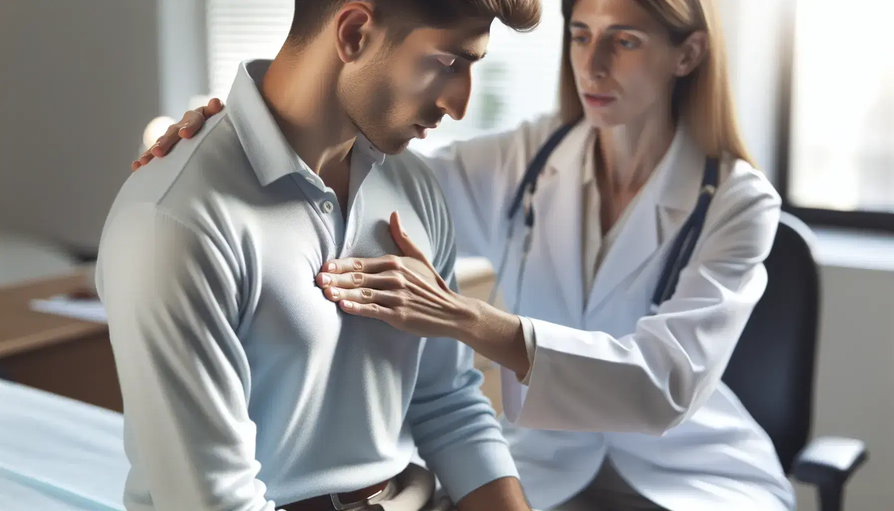 Medico in camice bianco esegue percussione toracica su paziente seduto in ambiente clinico sfocato.
