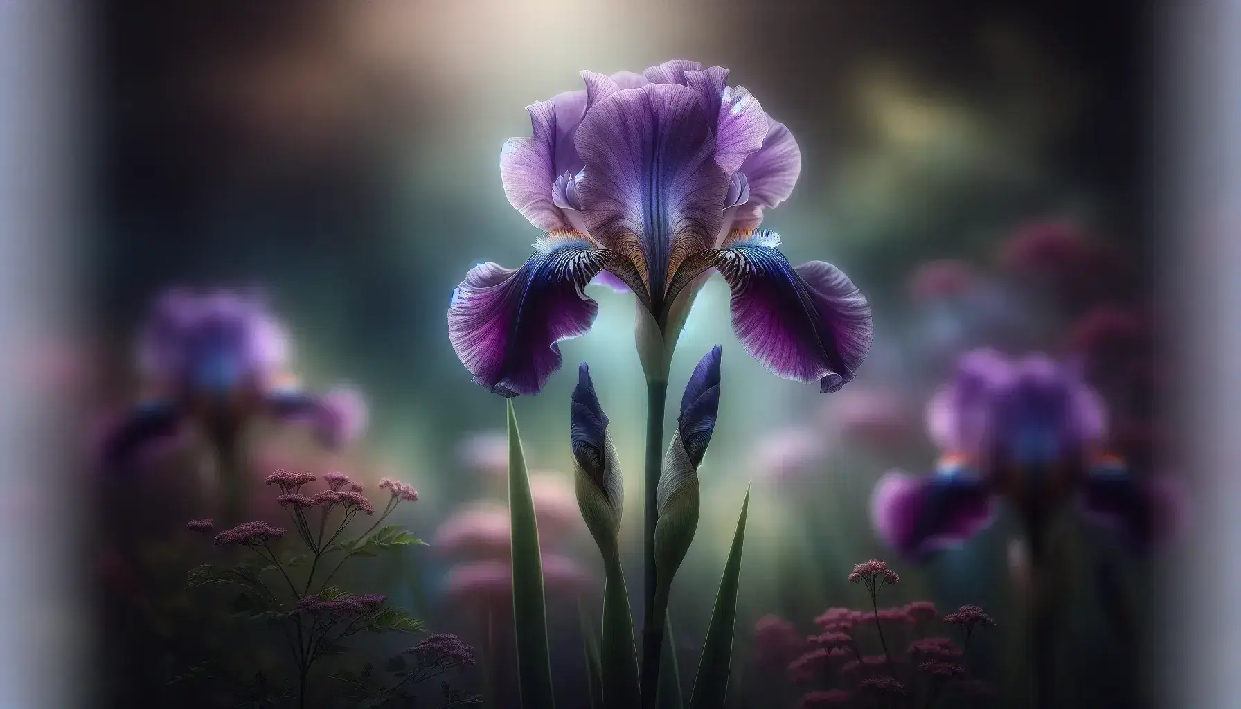 Wild iris in bloom with deep purple to lilac gradient petals and paler standards, set against a soft-focus green background.