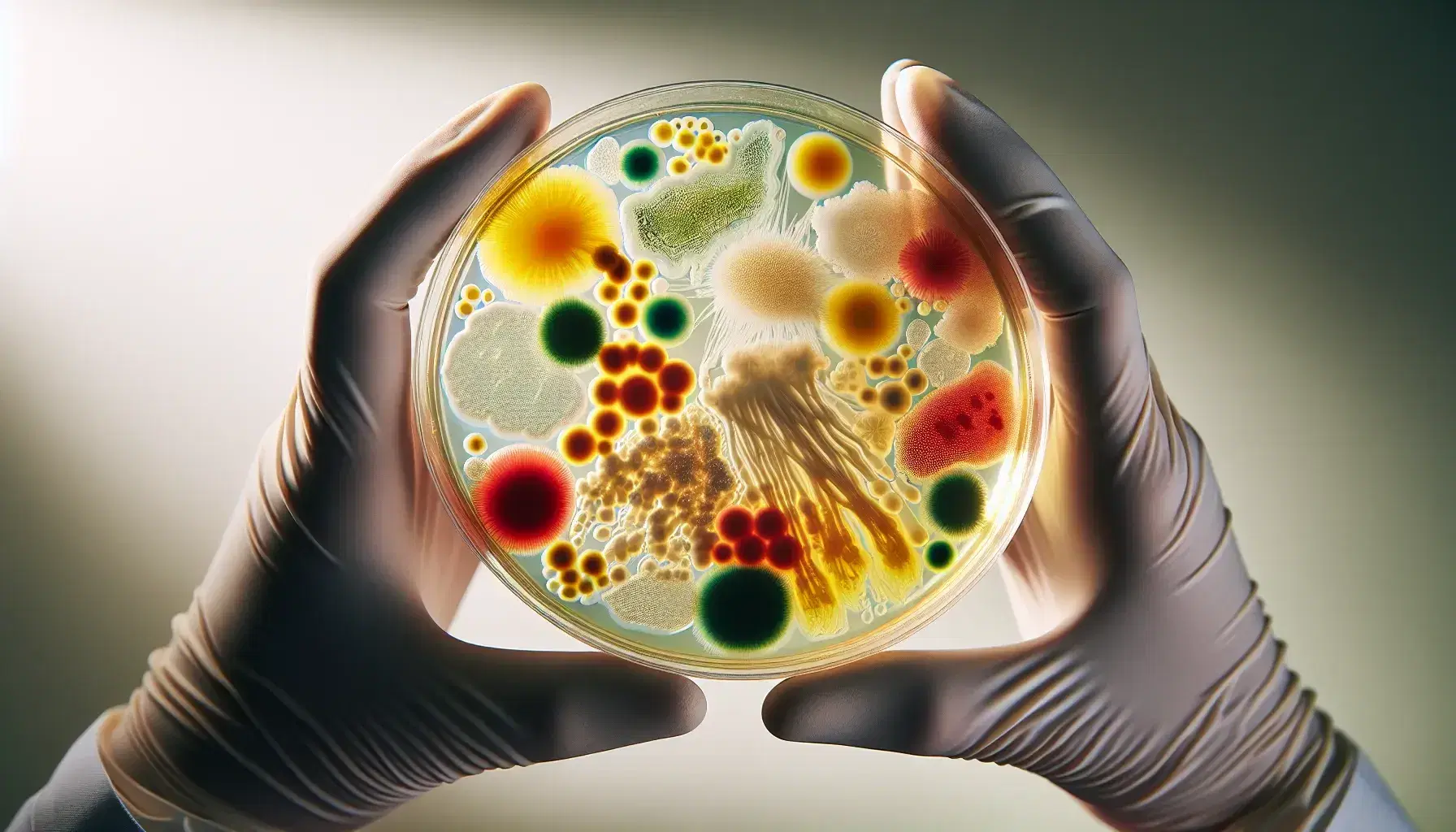 Close-up view of colorful microbial colonies in a petri dish held by gloved hands, showcasing diverse textures and growth patterns in a lab setting.
