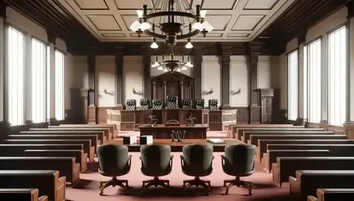 Aula di tribunale vuota con scrivania del giudice in legno scuro, sedie in pelle verde, microfoni neri, banchi per il pubblico e grande lampadario.