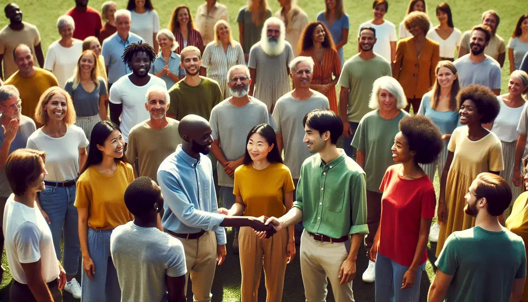 Multiracial group of individuals in a park, with a South Asian woman and a Black man shaking hands in the foreground, others smiling and waving.