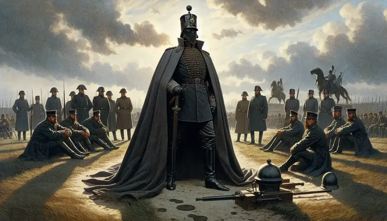 Scena storica all'aperto con figura centrale di un ufficiale prussiano in uniforme, circondato da soldati e un cannone d'epoca, sotto un cielo sereno.