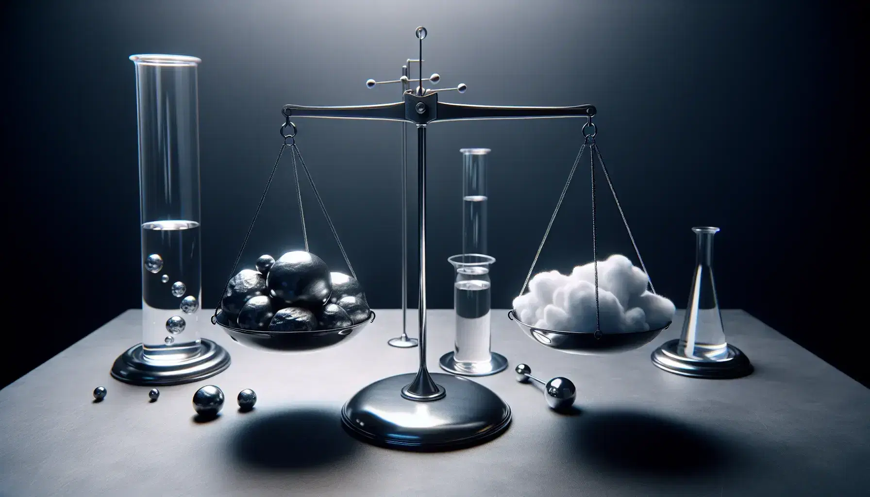 Classic physics balance scale at equilibrium with stones on one pan and cotton balls on the other, a beaker with liquid and a reflective sphere nearby.