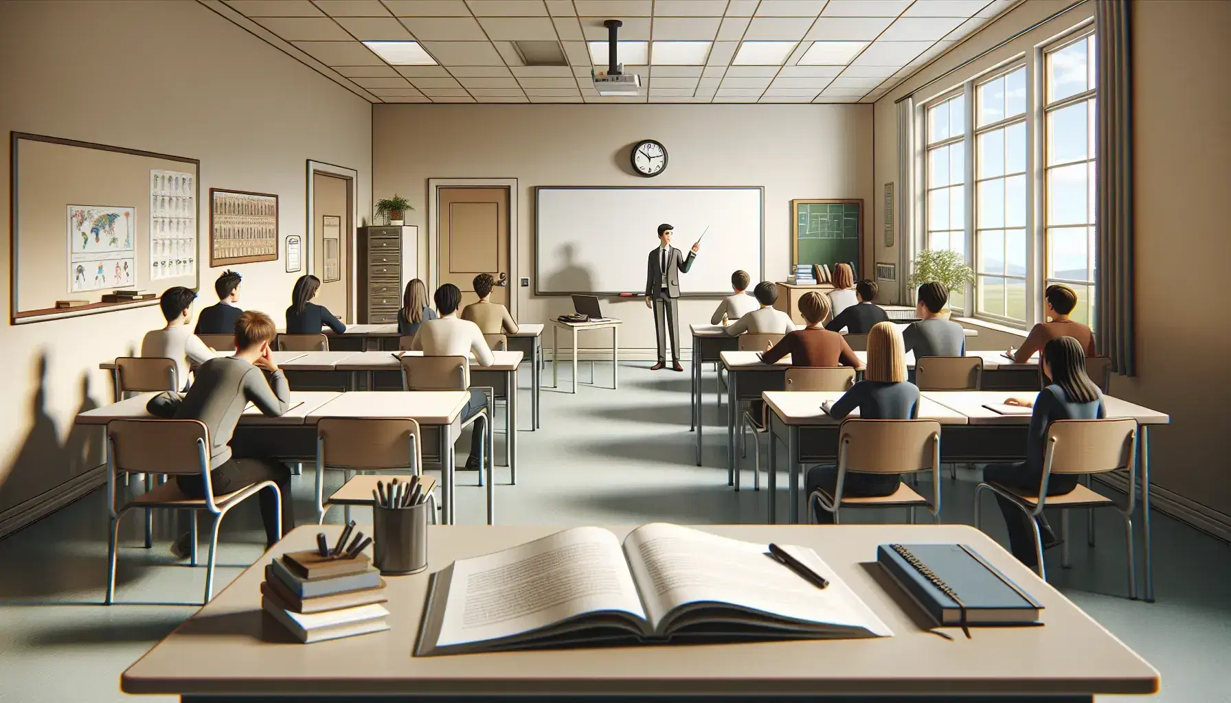 Diverse students in a classroom attentively facing a teacher gesturing at a whiteboard, with textbooks on desks and a view of a tree outside.