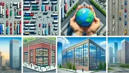 Collage de negocios con vista aérea de edificios industriales, tienda de ladrillos rojos, manos sosteniendo un globo y rascacielos reflejando el cielo.