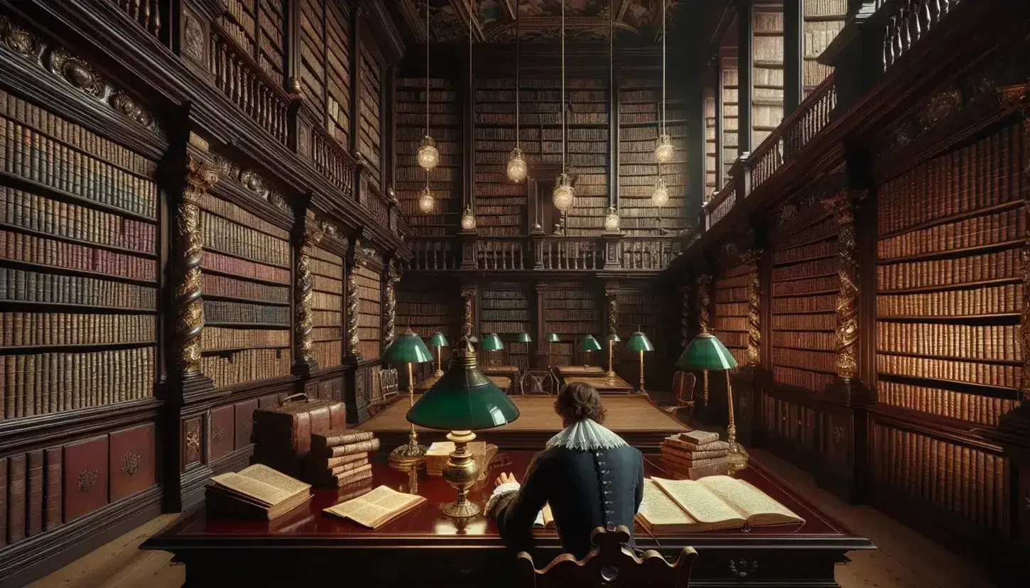 Biblioteca antica con scaffali in legno scuro, libri rilegati, tavolo in quercia, tappeto persiano e persona in abito d'epoca che scrive.