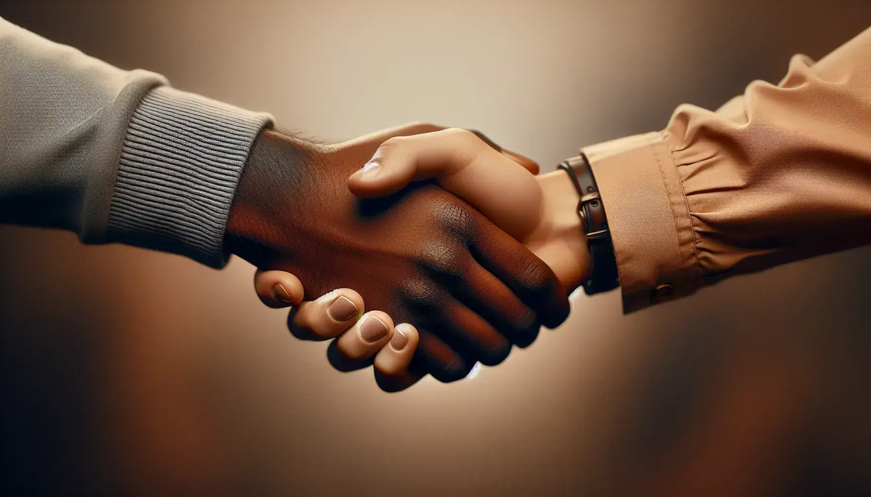 Stretta di mano tra due persone di diverse etnie su sfondo sfocato neutro, simbolo di accordo e diversità.