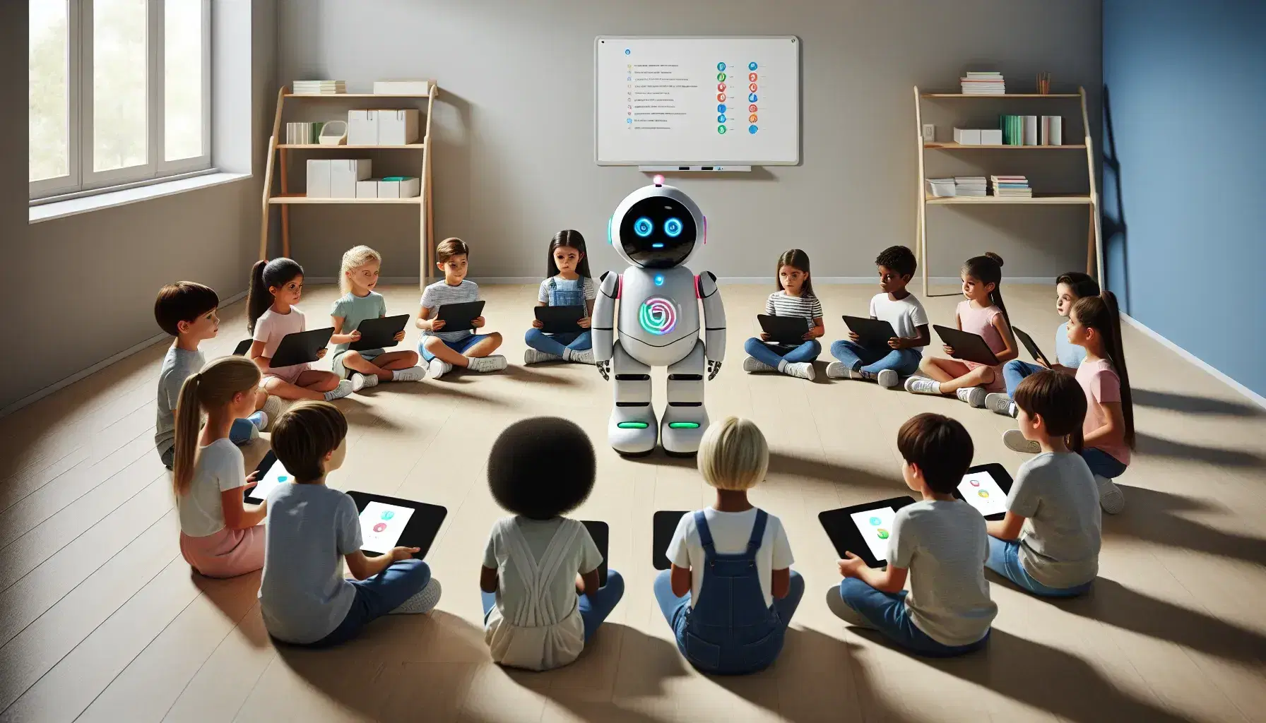 Niños de diversas etnias interactuando con tablets y un robot educativo en un aula moderna iluminada por luz natural.
