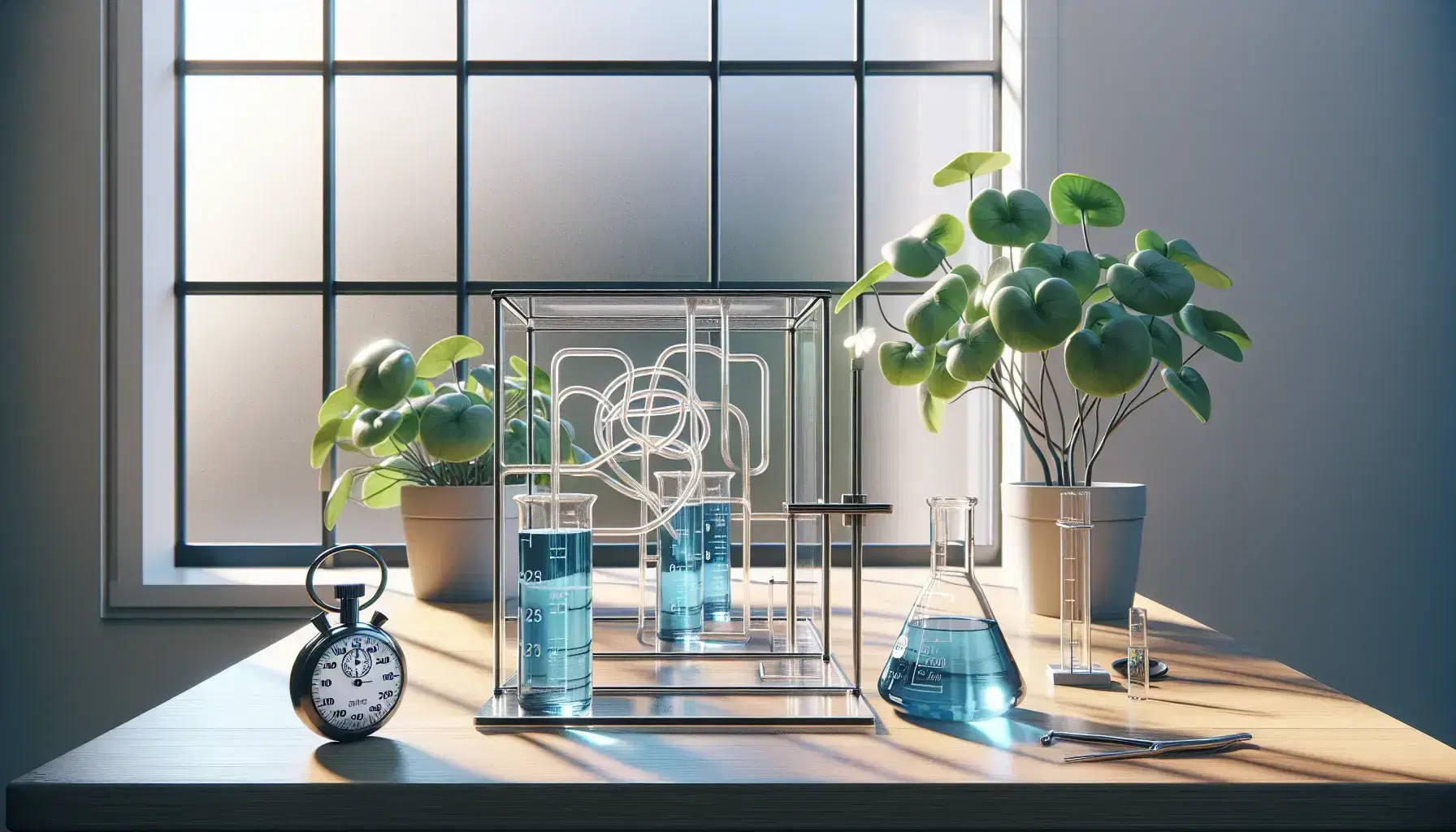 Laboratory setup with two beakers of blue liquid, a stopwatch, a potted plant by a window, a white lab rat in a clear maze, and a scientist with a clipboard.