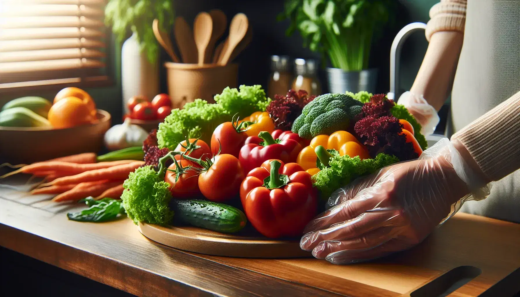 Fresh produce array with leafy greens, bell peppers, tomatoes, and carrots, hands in gloves holding a tomato, kitchen backdrop with cutting board and sink.