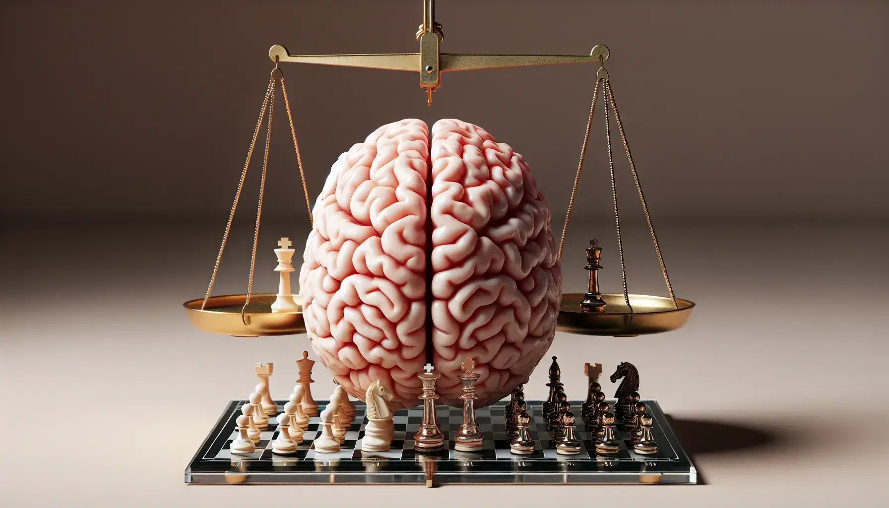 Detailed model of human brain with golden scales balancing on the left and transparent chessboard with pieces on the right on neutral background.