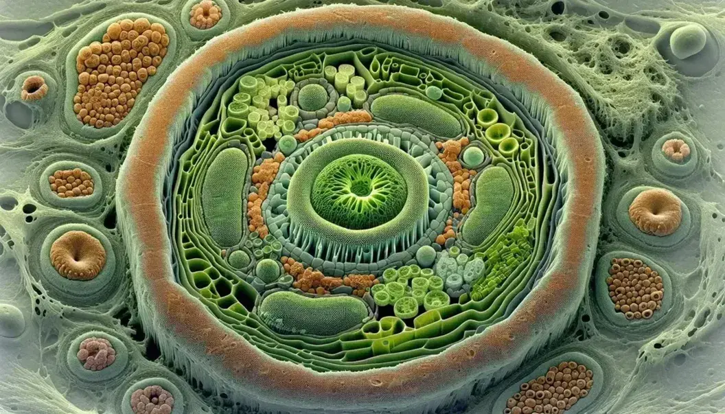 Microscopia elettronica a scansione colorata mostra sezione trasversale cellula vegetale con parete cellulare, plasmalemma, citoplasma, nucleo e cloroplasti.