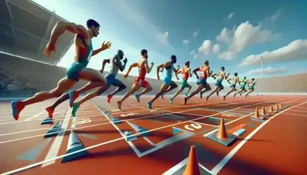 Pista de atletismo al aire libre con atletas compitiendo en un día soleado, destacando un corredor adelante en la carrera, cielo azul y gradas vacías de fondo.