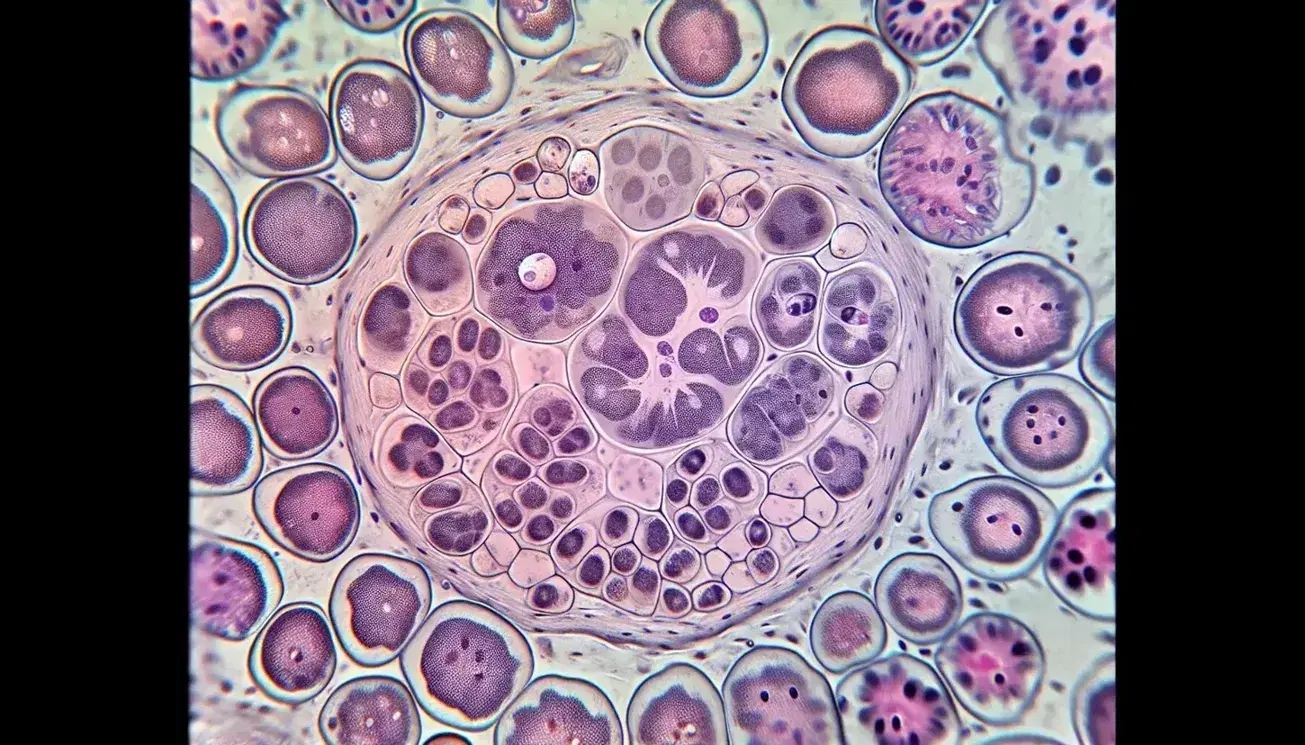 Vista microscópica de tejido humano con células redondeadas, núcleos oscuros y mitocondrias en matriz citoplasmática, teñidas en tonos rosas y morados.