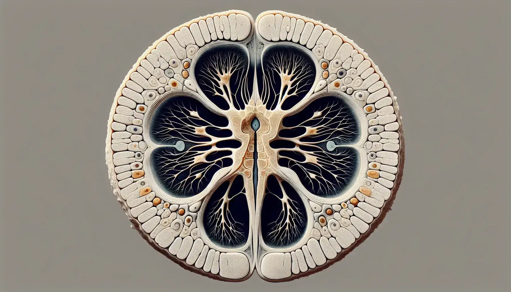 Sección transversal detallada del cordón espinal humano mostrando materia gris central en forma de mariposa, materia blanca periférica y meninges protectoras con nervios espinales extendidos.