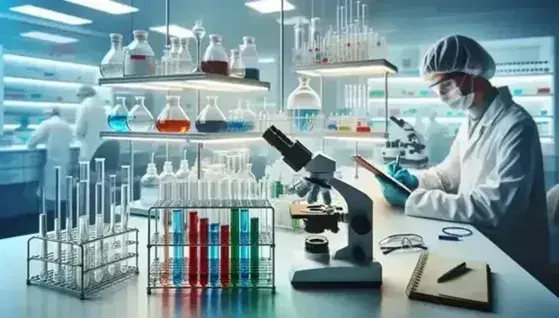 Laboratorio científico con tubos de ensayo de colores en soporte metálico, microscopio y científico anotando resultados, ambiente iluminado y ordenado.