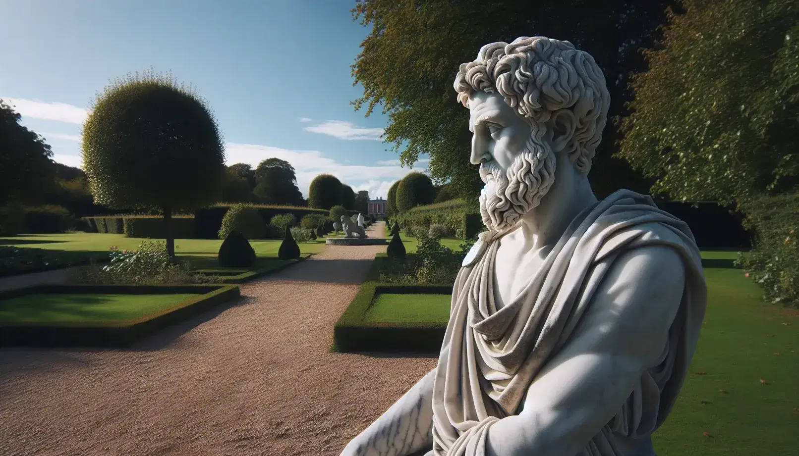 Estatua de mármol blanco de filósofo con túnica en jardín, mirando al horizonte, rodeada de árboles y sendero de grava bajo cielo azul.