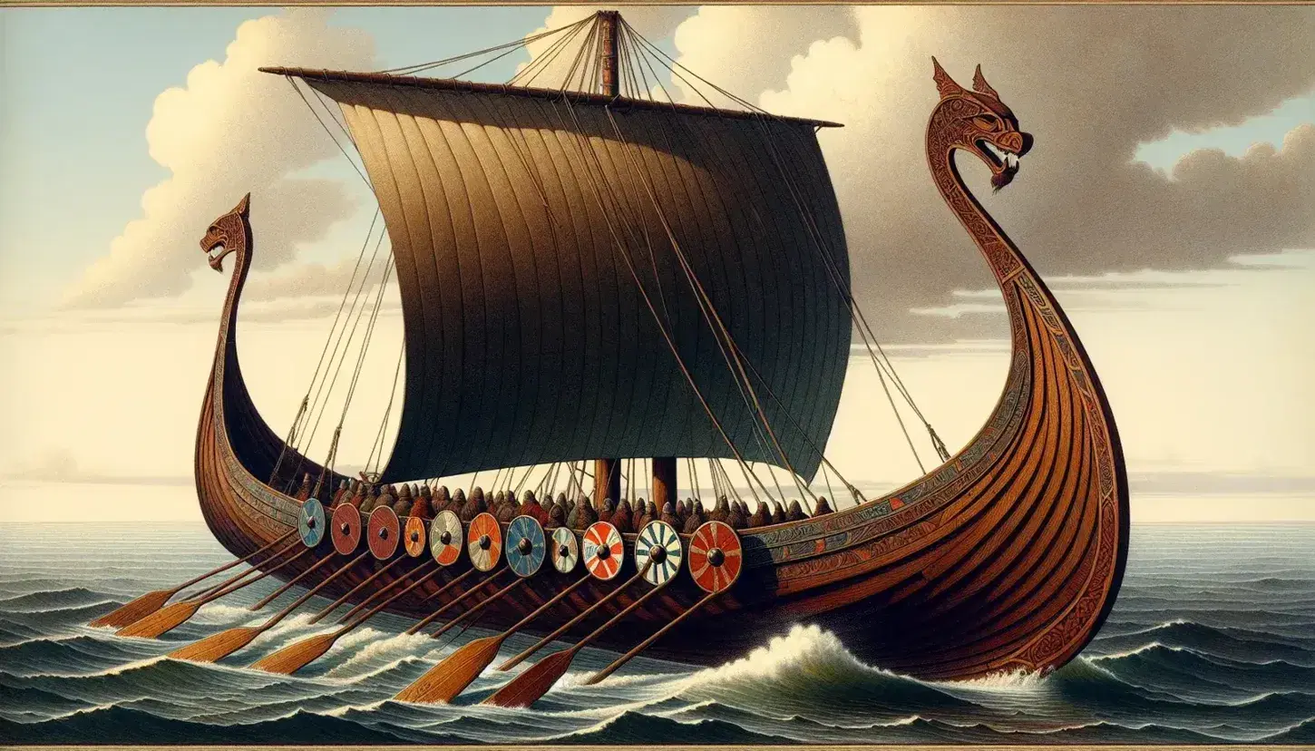 Traditional Viking longship at sea with dragon head carvings, colorful shields, a billowing square sail, and crew in period attire, navigating open waters.